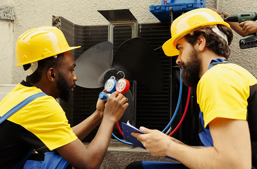 two workers checking pressure levels in a hvac unit