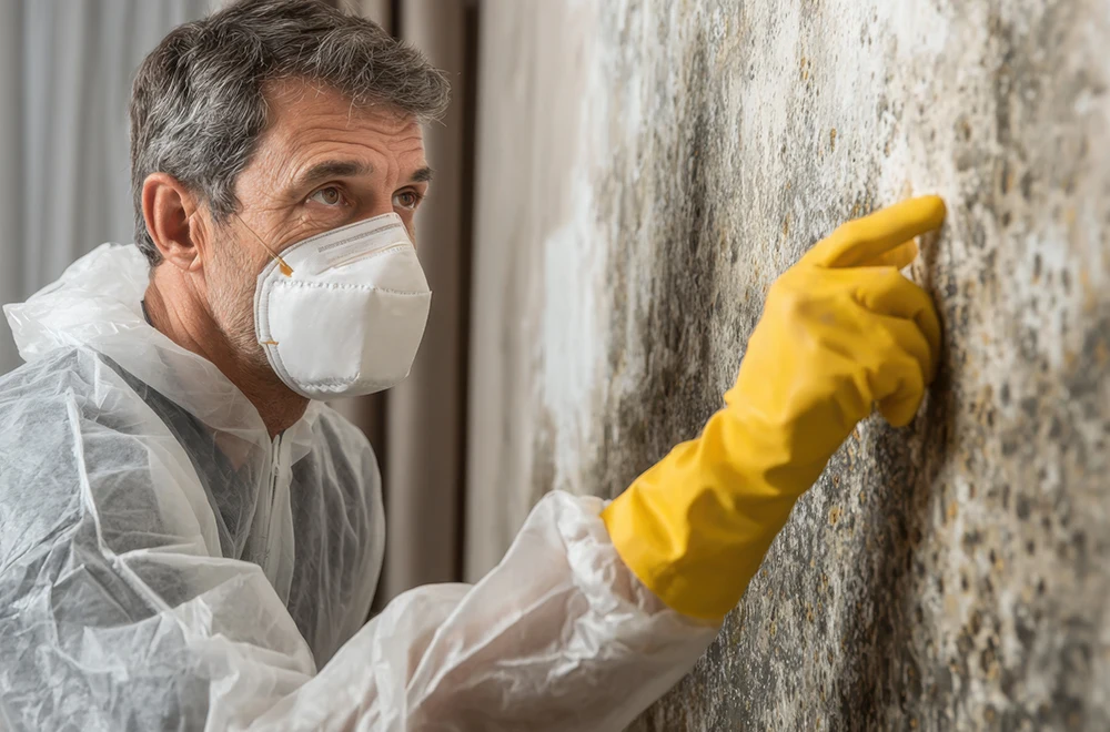 a man inspecting mold growing on the wall