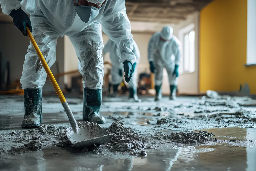restoration team cleaning a flooded house