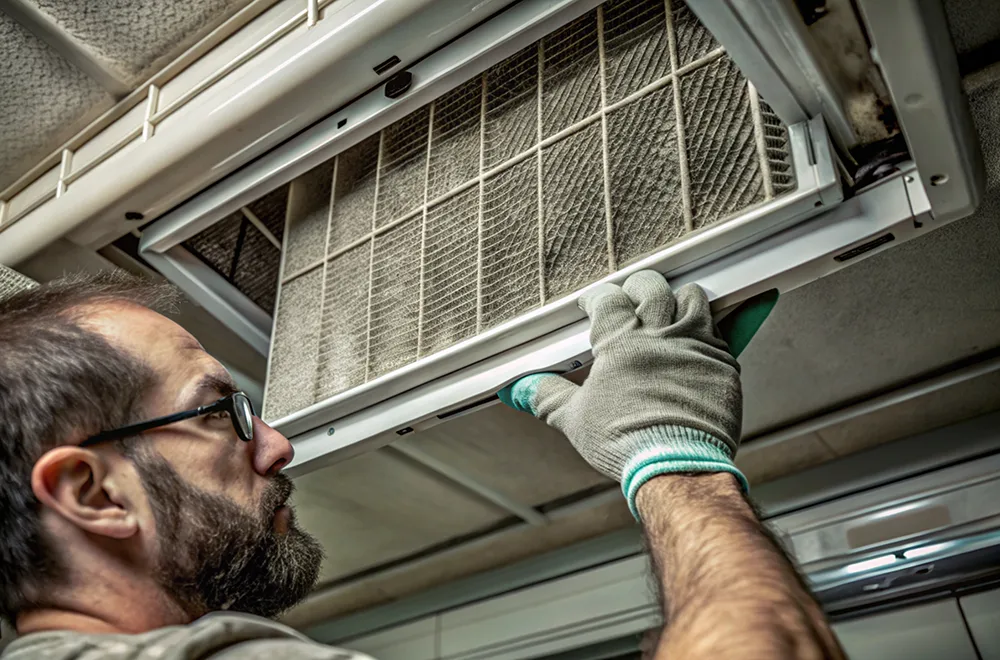 an hvac worker examining the filter of a HVAC unit