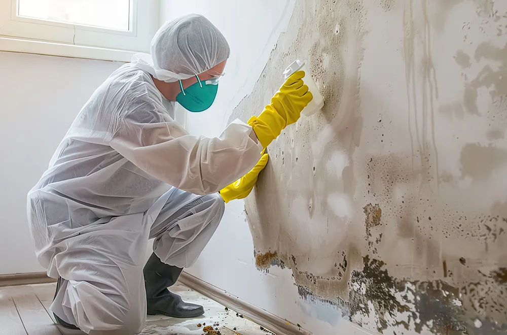 man removing mold from a wall