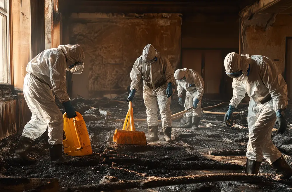 a team of people removing debris from a burned house