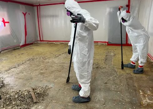 Construction crew rebuilding a room after asbestos abatement