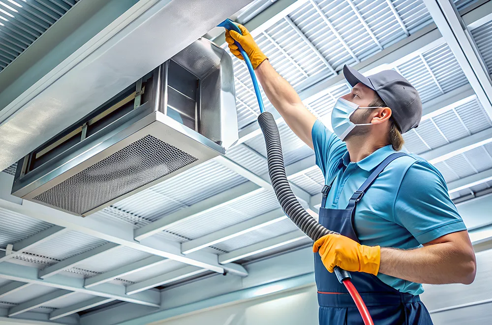 a worker cleaning an hvac unit