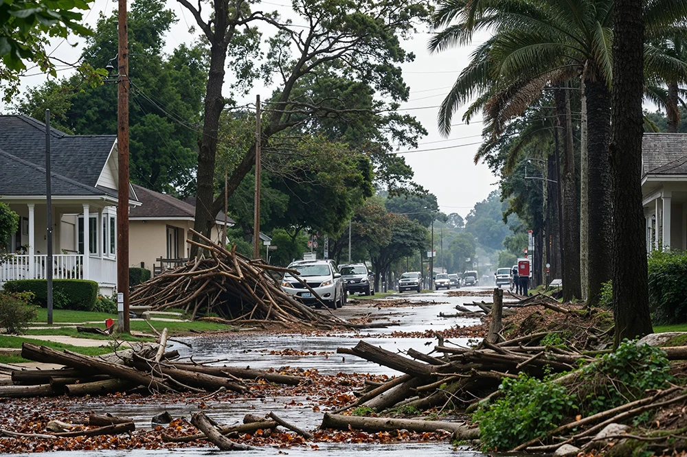 storm-wind-damage a street filled with debris after a wind storm