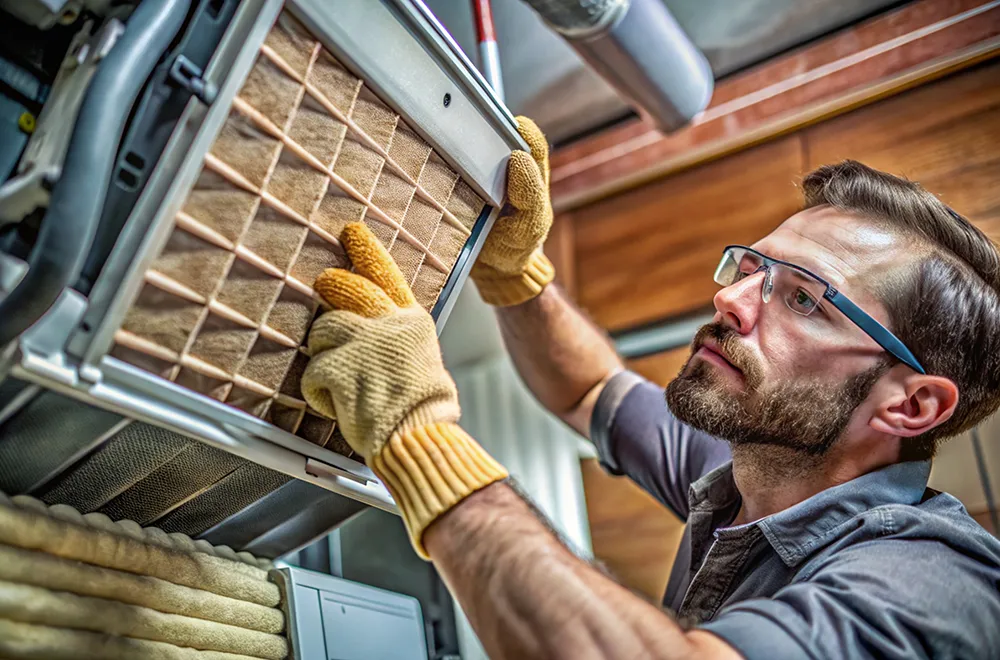 a worker examining the filter of an hvac unit