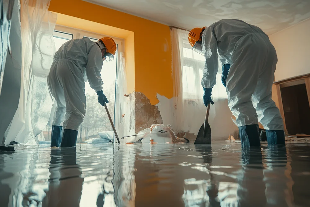 a cleaning team working on a house