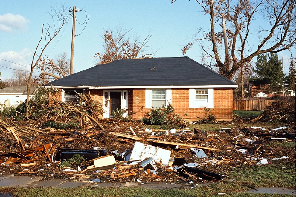 storm-damage a house surrounded by debris after a tornado