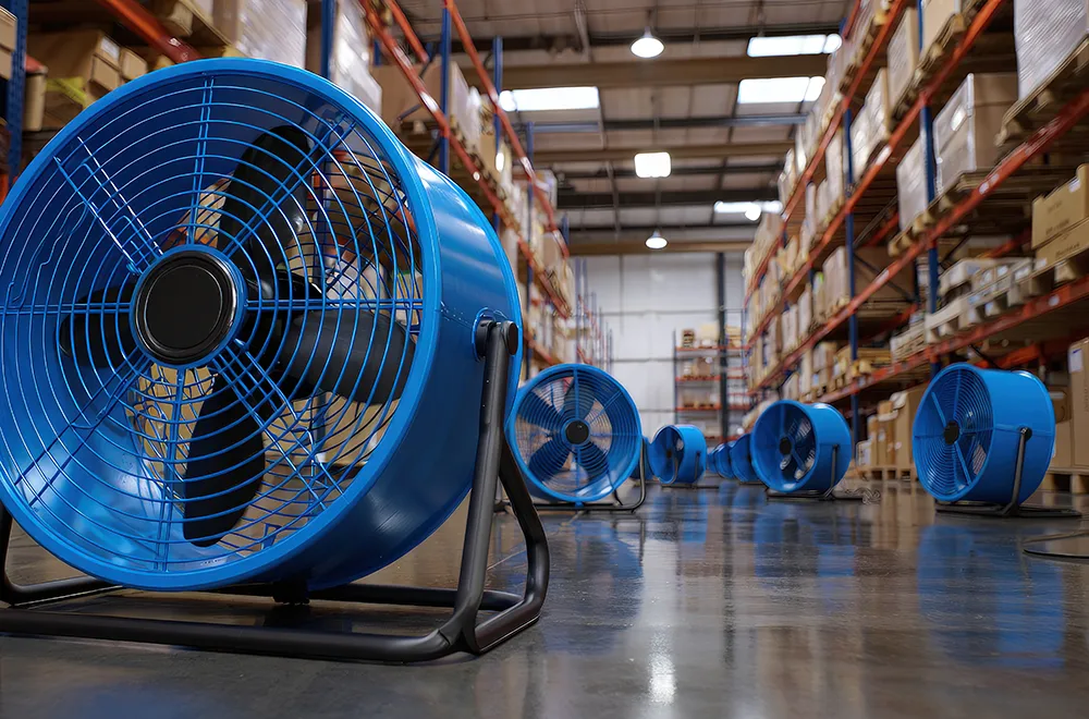 fans drying out a warehouse