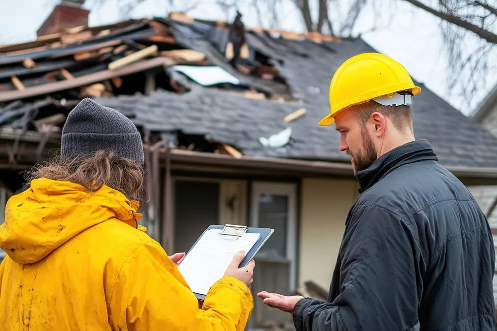 reconstruction-service workers inspecting the damage of a roof