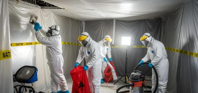 asbestos-abatement-team Asbestos abatement technicians in a sealed containment